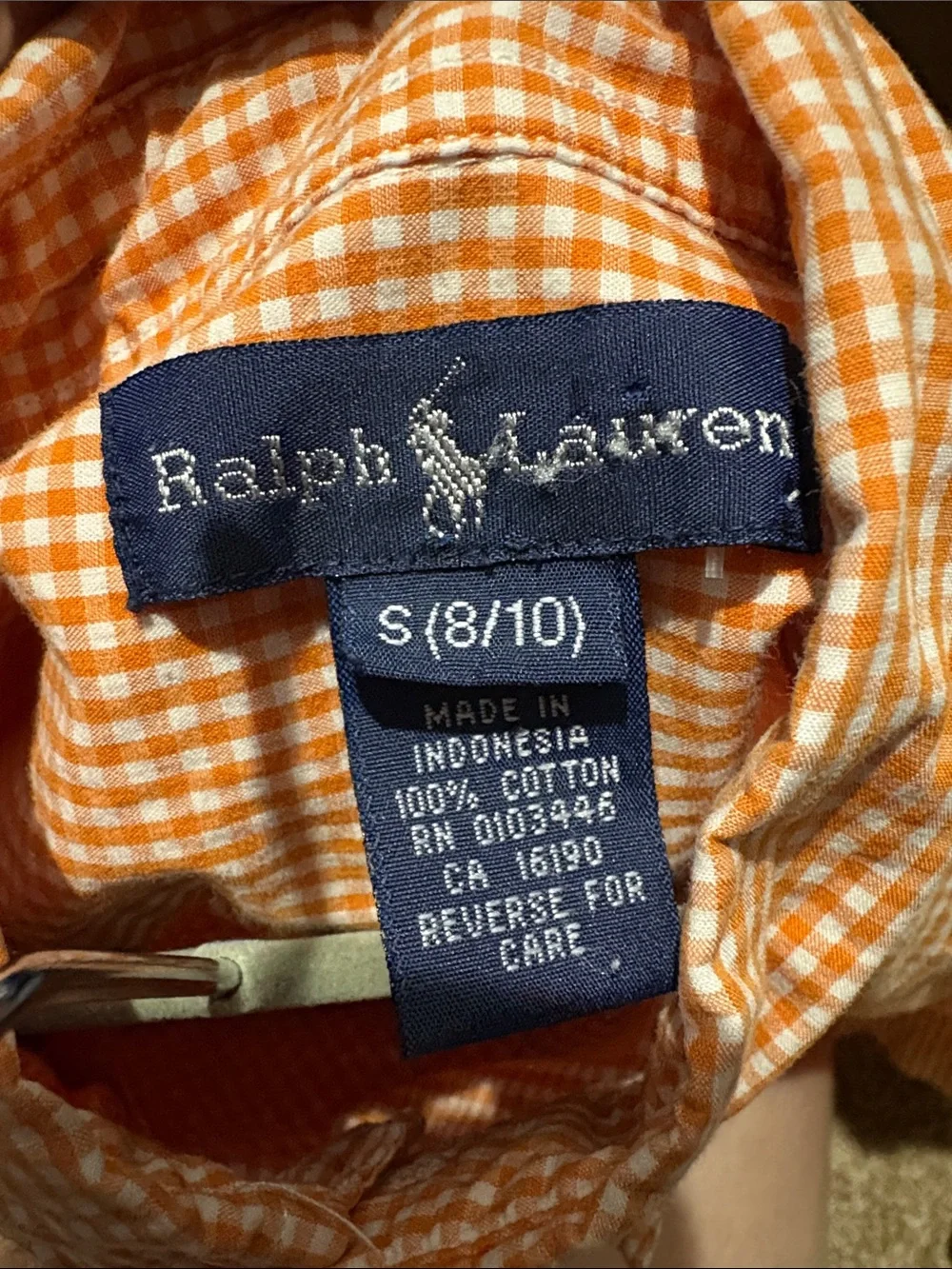 Ralph Lauren Orange Gingham Short-Sleeve Button-Down with Navy Pony